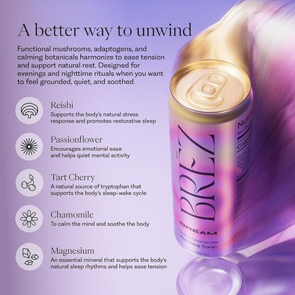 BRĒZ Dream Reishi Mushroom Drink, Non-Infused Relaxing Tonic with Reishi, Chamomile, Tart Cherry, Magnesium & L-Theanine, Vegan Adaptogen Drink for Sleep, Calm & Mood, 12 fl oz - 12 Pack