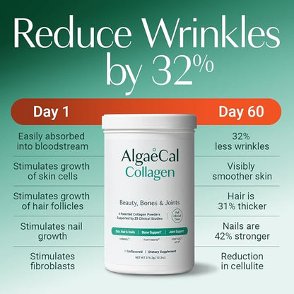 ALGAECAL Collagen - 4 Clinically-Supported Peptides VERISOL®, FORTIGEL®, UC-II®, FORTIBONE®, Anti-Aging Hydrolyzed Collagen Powder, 3 Packs, Made in USA