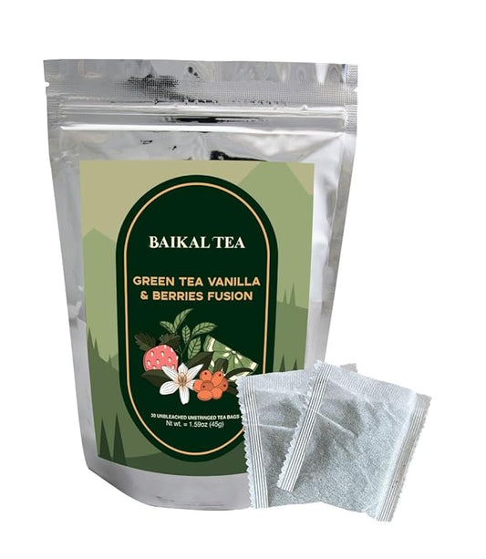 Baikal Tea Green Tea Vanilla & Berries Fusion – Antioxidant-Rich Herbal Blend with Sea Buckthorn, Lime and Mint – Fruity & Smooth Flavor, Caffeine Boost – 100% Natural 30 Tea Bags