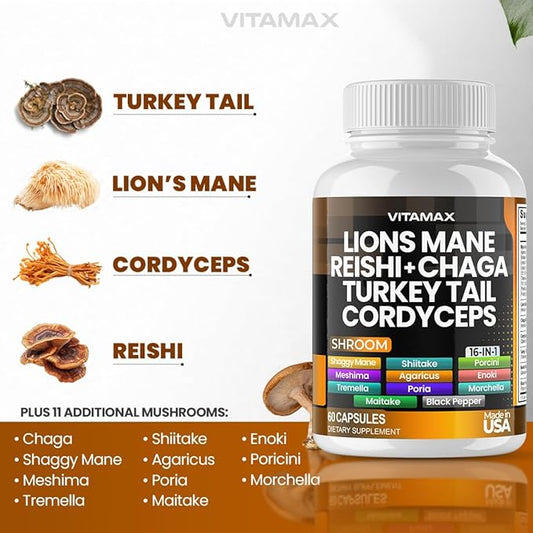 Lions Mane Mushroom, Turkey Tail, Chaga & Reishi, Cordyceps Shiitake White Elm King Trumpet Nameko Oyster Porcini Focus & Energy - Made in USA (60 Capsules (Pack of 1))
