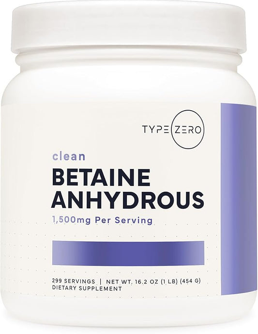 Type Zero Betaine Anhydrous Powder (1 LB) Unflavored - Clean Betaine Anhydrous Supplement, TMG, Trimethylglycine, 1,500mg Per Serving, Keto, GMO-Free