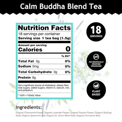 Buddha Teas - Calm Buddha Blend - Organic Herbal Tea - For Health & Wellbeing - Blend of Organic Herbs - Clean Ingredients - Caffeine Free - OU Kosher & Organic - Non-GMO - 18 Bleach-Free Tea Bags
