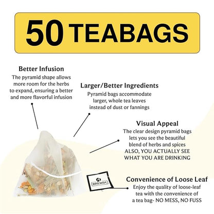 BREWIX, Turmeric Ashwagandha Herbal Tea Bags (50 Pyramid Tea Bags) Real Ingredients From India, Caffeine Free & Naturally Gluten Free | 100% Pure Herbal Blend Packed in Resealable Ziplock Pouch
