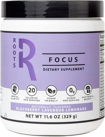 Roots Focus Nootropic Brain Supplement - BlackBerry Lavender Lemonade, Blend of Lion's Mane, Cordyceps, & Reishi Functional Mushrooms + Extended-Release Caffeine, 50 Servings