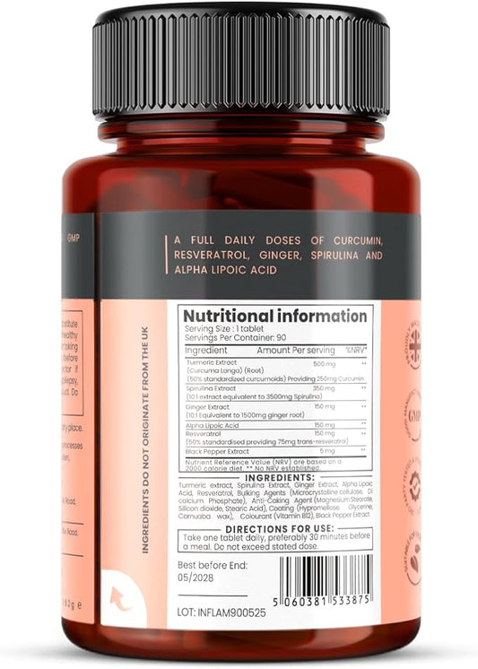 pureclinica Inflammease Ultra Complete (Resveratrol, Ginger, ALA, Spirulina, Curcumin- 5 Supplements in one) 1305mg x 180 Tablets - 2 Bottles of 90 Tablets - 6 Months Supply!