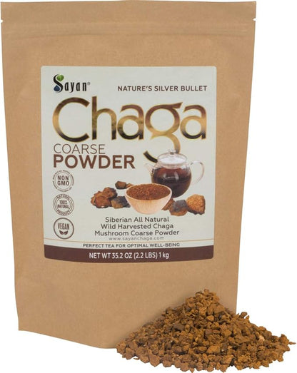 Sayan Siberian Pure Raw Coarse Chaga Powder 2.2lbs/1Kg – Premium Wild Forest Harvested Super Antioxidant Tea – Supports Immune System and Digestive Health – Focus, Energy, Clarity, Wellness - Non-GMO