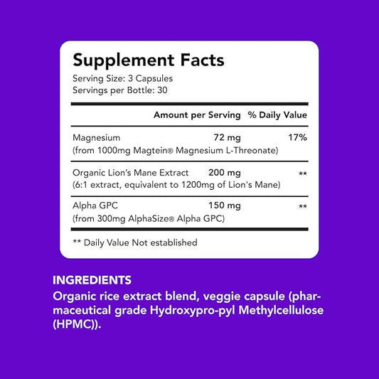 AMANDEAN Brain Supplement. Nootropic Cognitive Support for Memory, Focus, Clarity. Magnesium L-Threonate (Magtein), Lion's Mane Mushroom Extract, Alpha GPC Choline Complex. 90 Veggie Capsules.