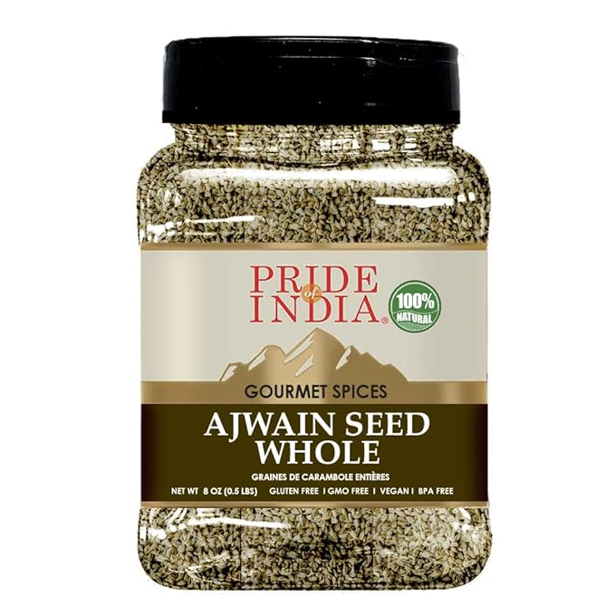 Pride of India | Ajwain Seed Whole 7 oz (200 gm) Medium Dual Sifter Jar | Gourmet Carom Seeds | Flavoring agent for Savory Dishes | Aromatic & Nutrient Dense | Easy to Use