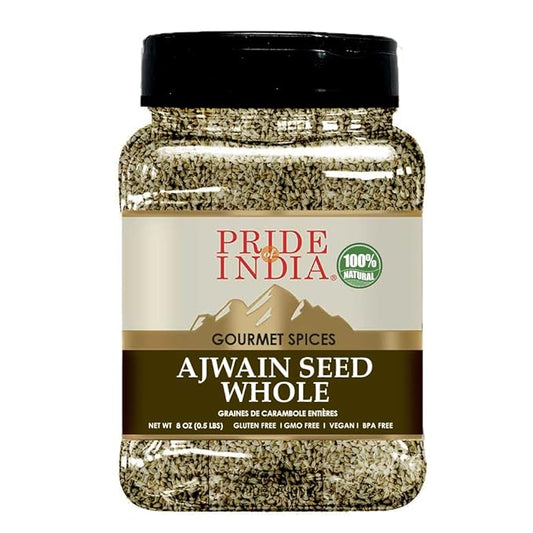 Pride of India | Ajwain Seed Whole 7 oz (200 gm) Medium Dual Sifter Jar | Gourmet Carom Seeds | Flavoring agent for Savory Dishes | Aromatic & Nutrient Dense | Easy to Use