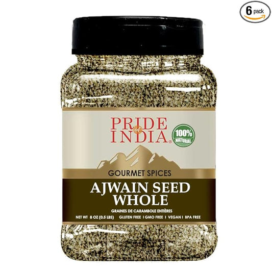 Pride of India - PACK of 6 - Ajwain Seed Whole 7 oz (200 gm) Medium Dual Sifter Jar | Gourmet Carom Seeds | Flavoring agent for Savory Dishes | Aromatic & Nutrient Dense | Easy to Use