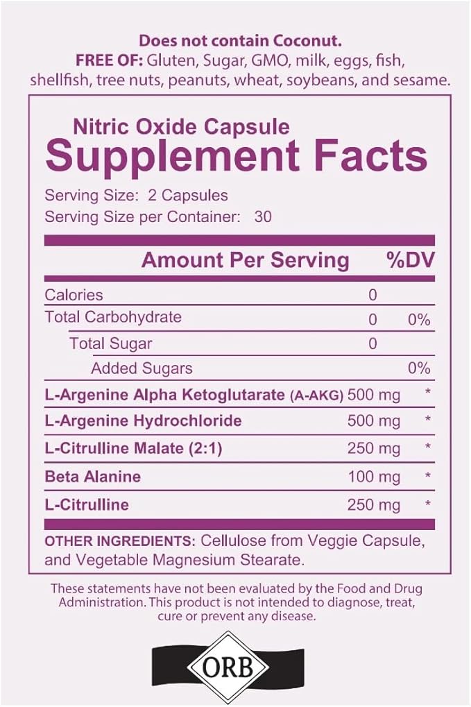 Nitric Oxide Supplement, with L Arginine and L Citrulline Boosting Nitric Oxide Production, Blood Pressure, and Circulation, Gluten Free, Non-GMO, Kosher (60)
