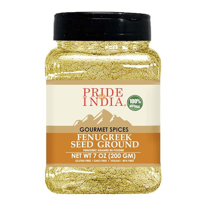 Pride of India – Fenugreek Seed Ground – Gourmet Indian Spice – Vegan, Gluten & GMO-Free – Ideal for Cooking & Meat Seasoning – Easy to Use – 7 oz. Medium Dual Sifter Jar