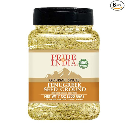 Pride of India - PACK of 6 - Fenugreek Seed Ground – Gourmet Indian Spice – Vegan, Gluten & GMO-Free – Ideal for Cooking & Meat Seasoning – Easy to Use – 7 oz. Medium Dual Sifter Jar