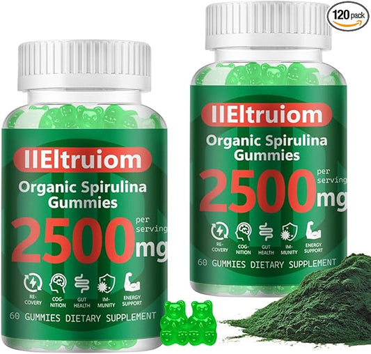 Spirulina Gummies, Organic Spirulina 2500mg Enhanced Daily Energy - Your Daily Super Greens with Sea Moss, Chlorophyll, GLA, Non-GMO, Gluten Free, 120 Vegan Gummies