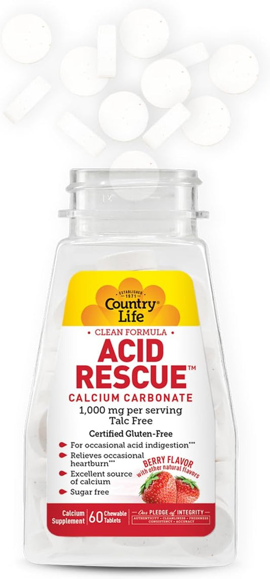 Country Life Acid Rescue Chewable Tablets - Certified Vegan & Gluten-Free Heartburn Relief, 400mg Calcium & Magnesium, Non-GMO, Sugar-Free Berry Flavor, Supports Bone Health, 60 Count