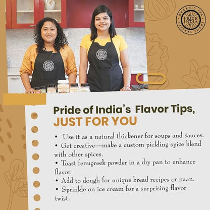 Pride of India – Fenugreek Seed Ground – Gourmet Indian Spice – Vegan, Gluten & GMO-Free – Ideal for Cooking & Meat Seasoning – Easy to Use – 7 oz. Medium Dual Sifter Jar
