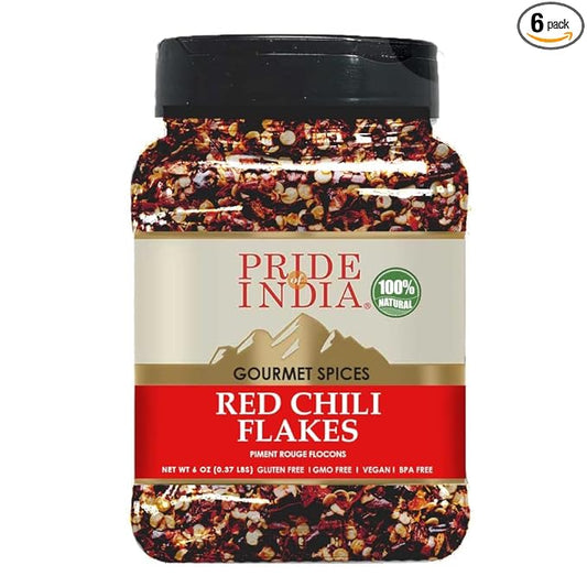 Pride of India - PACK of 6 - Red Chili Flakes – Gourmet Spice/Culinary-Pleasant Heat/Distinct Flavor & Aroma-Sprinkle onto Pizza/Pasta/Flatbread-Easy to Store-6 oz. Medium Dual Sifter Jar