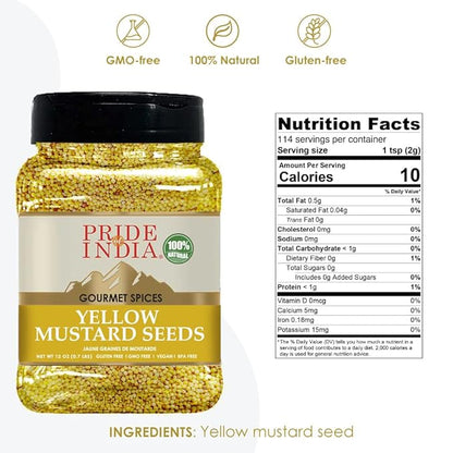 Pride Of India – Yellow Mustard Seed Whole – Pungent & Aromatic – Gourmet Indian Spice – Add in Salads/Dressings/Chicken/ Meat/Pickles – Easy to Store - 11 Oz (Pack of 1)