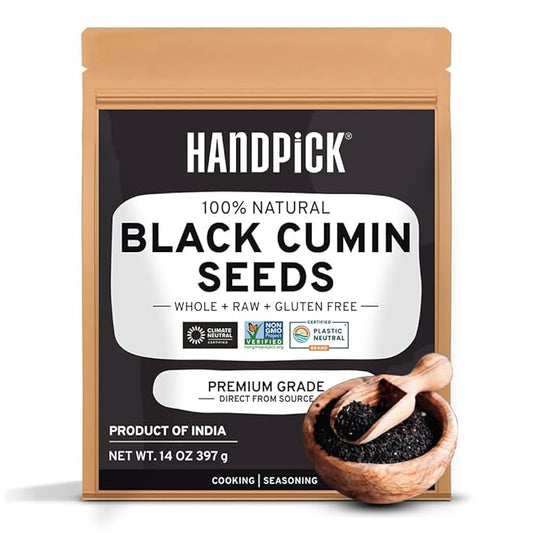 HANDPICK Black Cumin Seed (14oz) Pure Nigella Seeds - No Salt or Preservatives, Non GMO | Indian Black Whole Cumin | Gluten Free, Aromatic & Farm Fresh Kalonji | Resealable Zip Lock Pouch