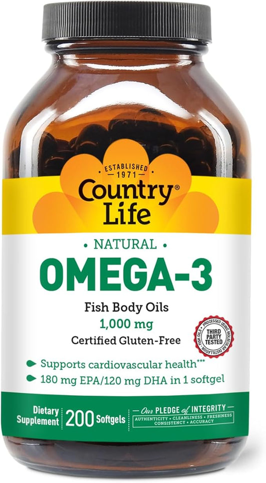 Country Life Omega-3 Fish Oil Supplement, 1000mg, 180mg EPA & 120mg DHA, Fish Oil Concentrate, Burpless, 200 Softgels, Certified Gluten Free