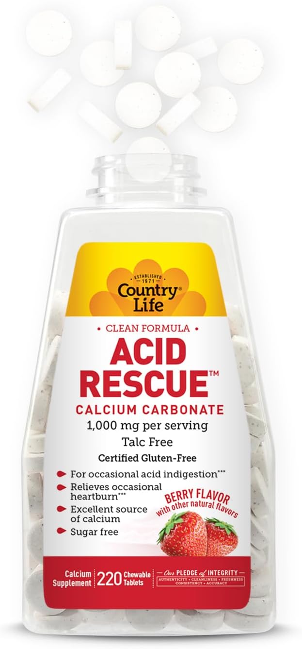Country Life Acid Rescue Chewable Tablets - Certified Vegan & Gluten-Free Heartburn Relief, 400mg Calcium & Magnesium, Non-GMO, Sugar-Free Berry Flavor, Supports Bone Health, 220 Count