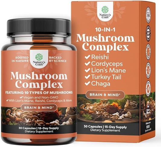 Advanced Mushroom Complex Capsules - 10X Lions Mane Supplement Capsules with Reishi, Chaga, Maitake & Shiitake for Brain Health, Memory Support & Focus - Nootropic for Mental Clarity - 30 Caps