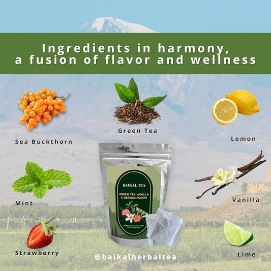 Baikal Tea Green Tea Vanilla & Berries Fusion – Antioxidant-Rich Herbal Blend with Sea Buckthorn, Lime and Mint – Fruity & Smooth Flavor, Caffeine Boost – 100% Natural 30 Tea Bags