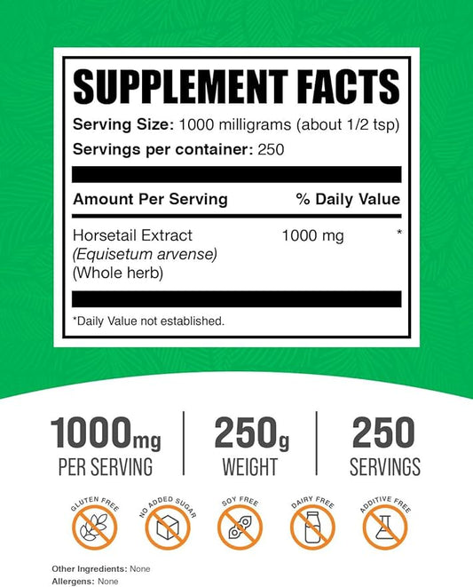 BulkSupplements.com Horsetail Extract Powder - Horsetail Herb - Silica Supplements, Gluten Free, 1g per Serving, 250g (8.8 oz) (Pack of 1)