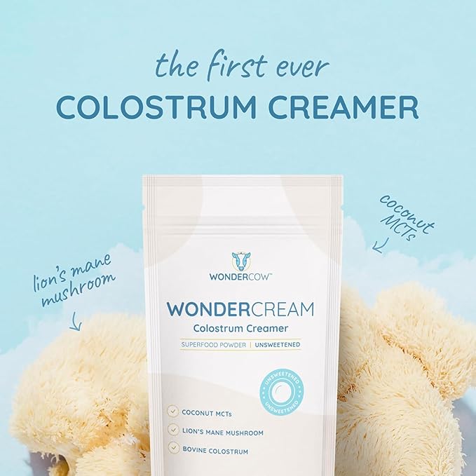 Bovine Colostrum Superfood Creamer Supplement Powder w/Organic Lions Mane Mushroom & Coconut Milk Powder MCTs | Functional Sugar Free Keto Coffee, Smoothie & Drink Mix Unsweetened