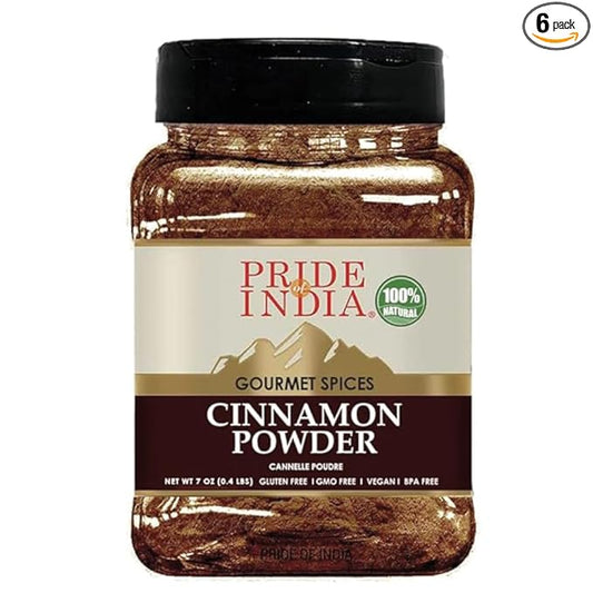 Pride Of India - PACK of 6 - Natural Cinnamon Ground – Pure & Fresh – Gourmet Spice – Perfect for Sweet & Savory Dishes – Easy to Use – Good for Restaurant Use - 7 oz. Medium Dual Sifter Bottle