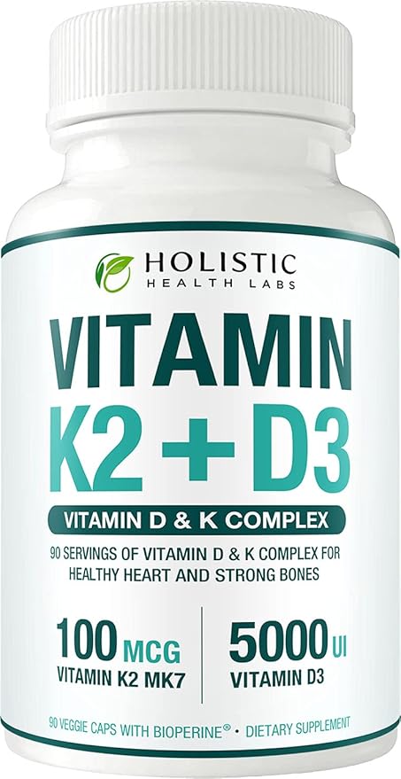 Max Absorption Vitamin K2 + D3 (5000IU) 90 Veggie Capsules from MK-7 (Menaquinone-7) and Cholecalciferol (with BioPerine) 3-Months Supply – D3 with K2 for Healthy Heart and Strong Bones | Non-GMO