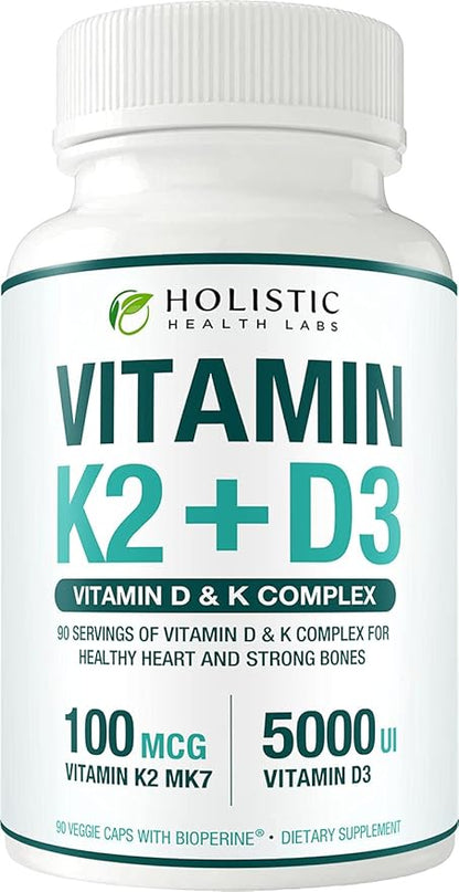 Max Absorption Vitamin K2 + D3 (5000IU) 90 Veggie Capsules from MK-7 (Menaquinone-7) and Cholecalciferol (with BioPerine) 3-Months Supply – D3 with K2 for Healthy Heart and Strong Bones | Non-GMO