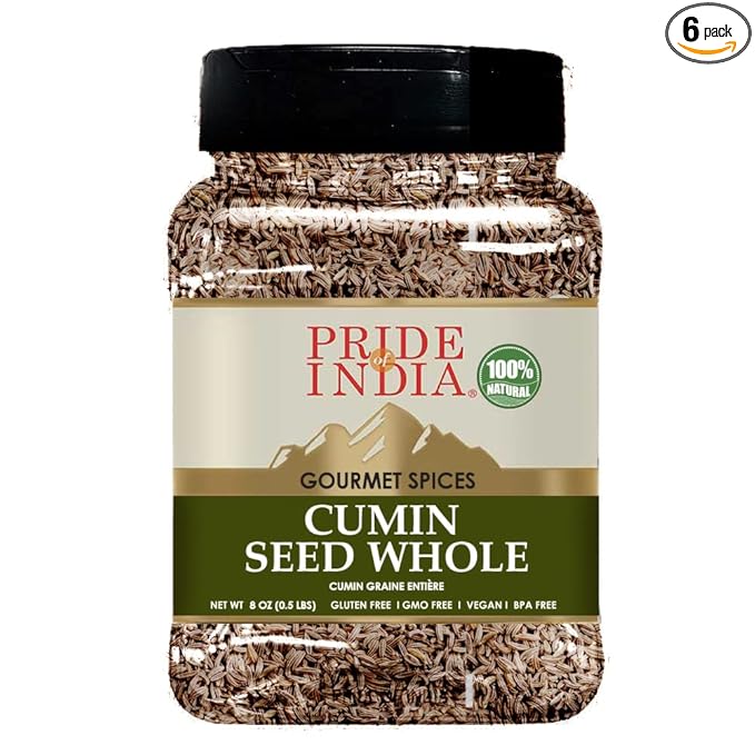 Pride of India - PACK of 6 - Cumin Seed Whole – Gourmet Indian Spice – Excellent for Culinary Uses – Fresh and Quality Seeds – Adds Flavor & Aroma - Easy to Store – 8 oz. Medium Dual Sifter Bottle