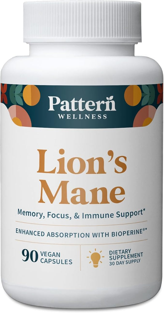 Pattern Wellness Lion's Mane Supplement - Brain Health SuperFood Mushroom - Cognitive & Cell Support - 3rd Party Lab Tested - 90 Veggie Capsules