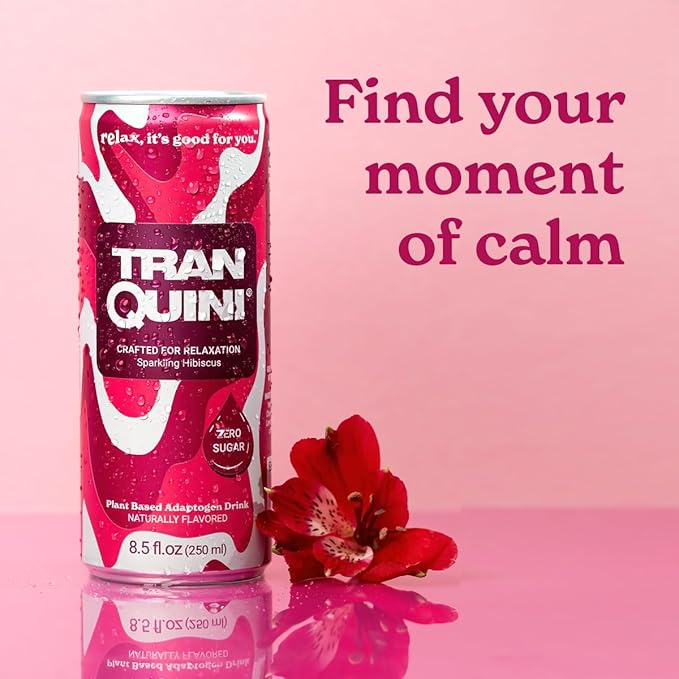 Tranquini Calming Drink With Herbal Adaptogens | Sparkling Water Stress Relief Beverage | Sugar Free, Non Alcoholic, Soda Replacement, Gluten Free, Vegan - 250ml Hibiscus (6 cans)