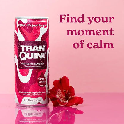 Tranquini Calming Drink With Herbal Adaptogens | Sparkling Water Stress Relief Beverage | Sugar Free, Non Alcoholic, Soda Replacement, Gluten Free, Vegan - 250ml Hibiscus (6 cans)