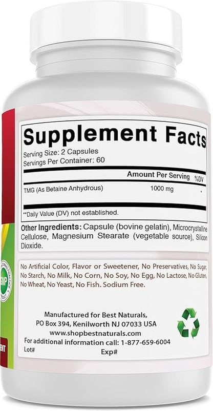 Best Naturals TMG Trimethylglycine (as Betaine Anhydrous) 1000 mg Serving - 120 Capsules - Healthy Homocysteine Levels & Methylation Support (120 Count (Pack of 2))