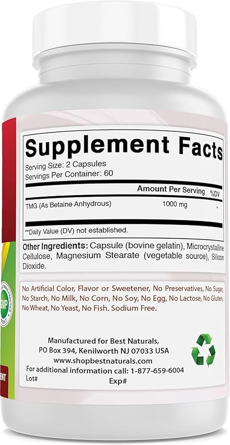 Best Naturals TMG Trimethylglycine (as Betaine Anhydrous) 1000 mg Serving - 120 Capsules - Healthy Homocysteine Levels & Methylation Support (120 Count (Pack of 2))