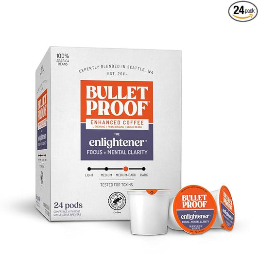 Bulletproof The Enlightener Coffee Pods, 24 Count, Medium-Dark Roast Enhanced Coffee with L-Theanine, Panax Ginseng and Gingko Biloba, Supports Mental Clarity, Focus, and Memory