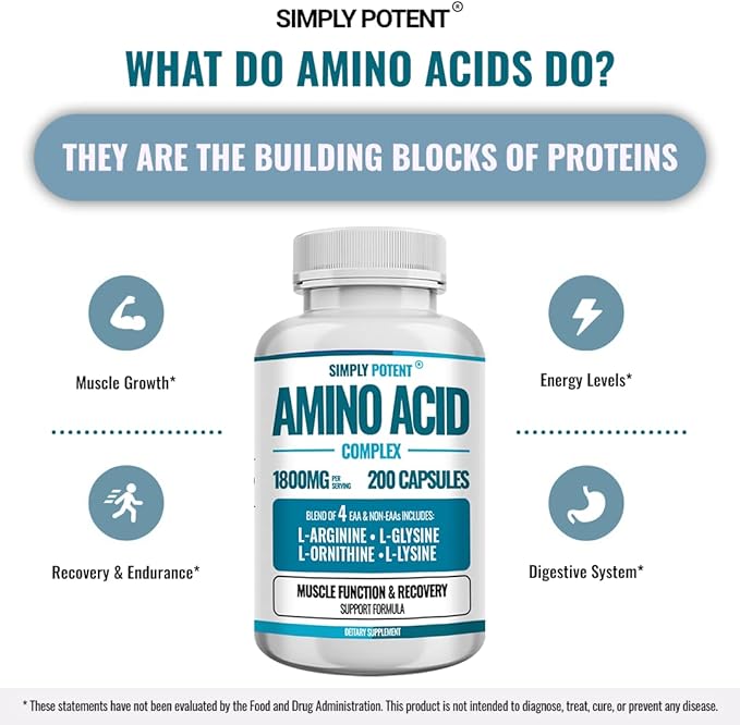 Simply Potent Amino Acid Complex 1800mg 200 Capsules, Blend of 4 Essential and Non Essential Amino Acids, Includes L-Arginine 550mg, L-Ornithine 500mg, L-Glysine 400mg & L-Lysine 350mg for Muscle