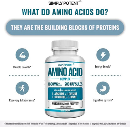 Simply Potent Amino Acid Complex 1800mg 200 Capsules, Blend of 4 Essential and Non Essential Amino Acids, Includes L-Arginine 550mg, L-Ornithine 500mg, L-Glysine 400mg & L-Lysine 350mg for Muscle