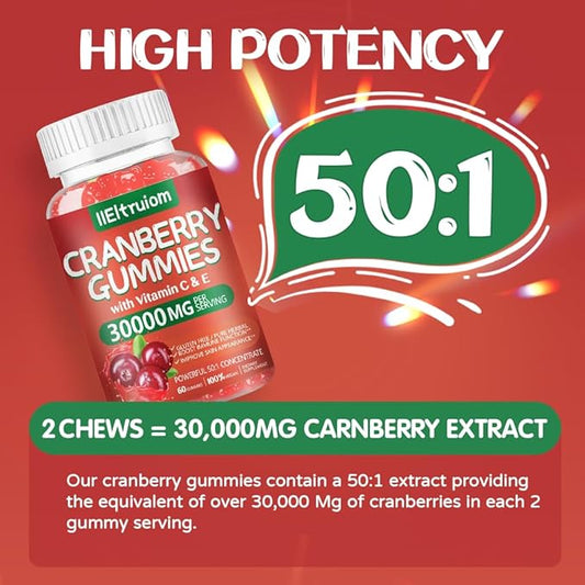 Cranberry Gummies Urinary Tract Health for Women & Men, 50X Concentrate Extrac, Vitamin C & E, Cranberry Gummies for Women with Hibiscus to Support Immune, 60 Counts