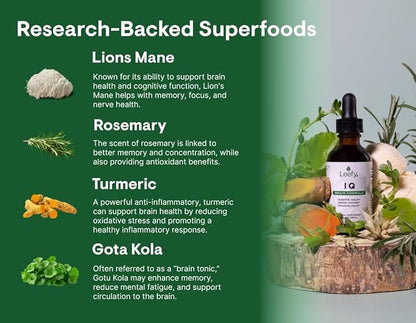 Leefy Organics IQ - Lions Mane Extract Liquid Nootropic Supplement with Bacopa and More - Mushroom Extract - Supports Memory, Focus, Clarity and Cognitive Health - 2 fl oz Dropper Bottle