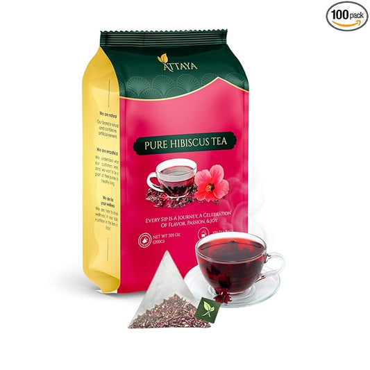 Attaya Pure Hibiscus Tea Bags, 100 Count: Premium Herbal Tea, Eco-Friendly Tea Bags, Caffeine-Free, Non-GMO, No Sugar. Hibiscus is directly sourced from Nigeria.