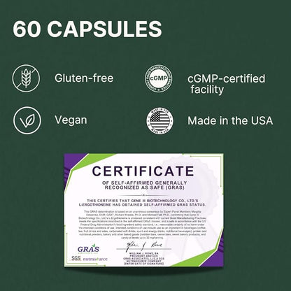 L-Ergothioneine Supplement, 30mg(EGT)/Serving, 6X Ergothioneine Mushroom Extract Supplements Longevity, Immune Support, Heart Health & Brain Supplement, Lab Tested, Made in USA, 60 Servings