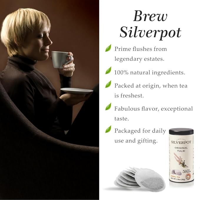 Silverpot Original Tulsi Tea - 50 Round Tea Bags | 100% Natural Holy Basil | Caffeine Free | Farm Direct | Reusable Tin