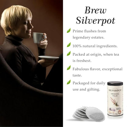 Silverpot Original Tulsi Tea - 50 Round Tea Bags | 100% Natural Holy Basil | Caffeine Free | Farm Direct | Reusable Tin