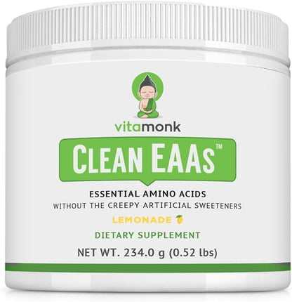 VitaMonk Clean EAA - EAAs with No Artificial Sweeteners for Pre-Workout, Energy and Recovery - Max Bioavailable EAA Powder with 9 Essential Amino Acids - Natural Lemonade Flavor
