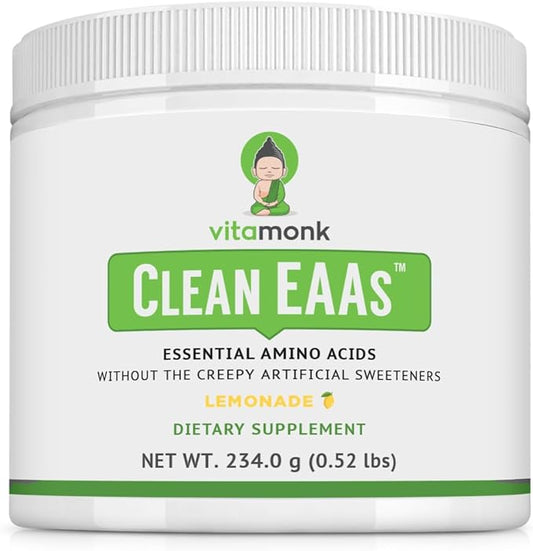 VitaMonk Clean EAA - EAAs with No Artificial Sweeteners for Pre-Workout, Energy and Recovery - Max Bioavailable EAA Powder with 9 Essential Amino Acids - Natural Lemonade Flavor