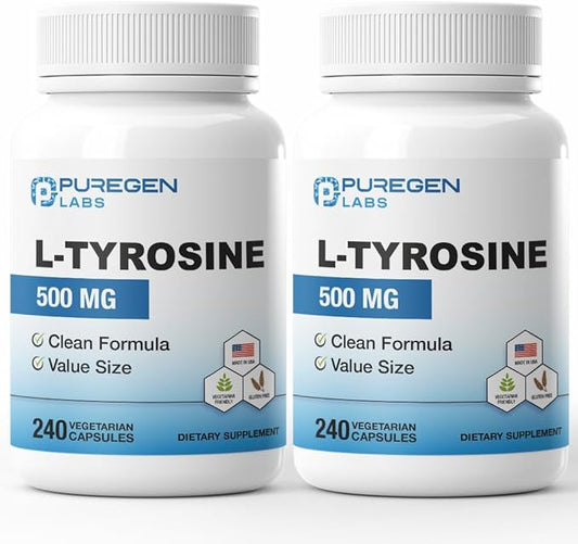 Puregen Labs L-Tyrosine 500 mg, Total - 480 Vegetable Capsules | No Harmful Additives | Brain & Nervous System Support, Non-GMO, Vegan, Gluten Free, Dairy Free - 480 Servings - Made in USA